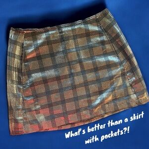 Urban Outfitters- shimmery plaid skirt, with side pockets.